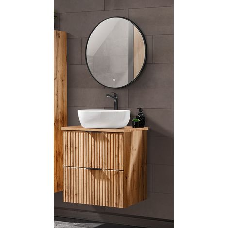 Badmöbel Set Wotaneiche Rillenoptik 80cm LED-Spiegel rund & Waschtisch mit Unterschrank 40 cm Keramik Waschbecken (1/5)