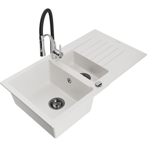 Mexen Matias lavello in granito 1,5 vasche con gocciolatoio e rubinetto da cucina Aster, bianco - 6502-20-73450-07-B (1/5)