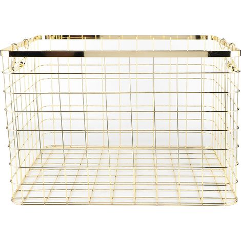 Panier de rangement en acier inoxydable pour linge, avec poignées, doré, idéal pour chambre et cuisine. (1/5)