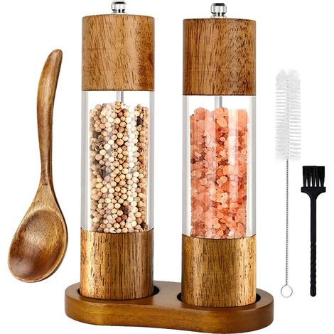 2 Pièces Broyeur Épices Céramique Manuel pour Cuisiniers Maison,Moulin Sel Mer avec Fenêtre Acrylique Transparent Base, 1 Brosses Nettoyage, Cuillère (1/5)
