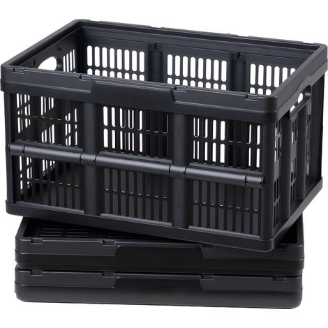 Mophorn Scatole portaoggetti pieghevoli in plastica da 45 L, set di 3 cassette impilabili con maniglie, capacità massima 15 kg, contenitori pieghevoli robusti e salvaspazio, colore nero
