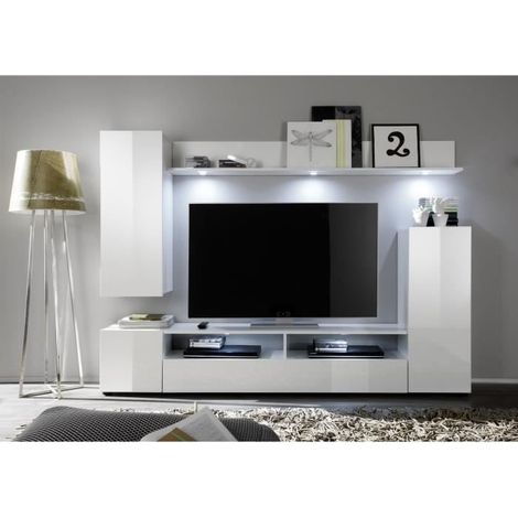 Ensemble meuble TV DOS - 3 Portes - LED - Mélamine blanc mat et brillant - L208 x P33 x H165 cm (1/4)