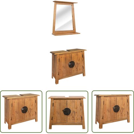 The Living Store Mobilier de salle de bain Bois de pin massif - Ensemble Salle De Bain - Meuble Lavabo - Miroir Salle De Bain - Design Rétro - Bois Massif (1/5)