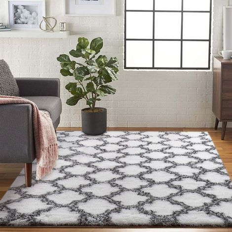 Tapis de Salon Shaggy Lavable, Carpet Moderne Antidérapant Intérieur Longs Moelleux Tapis, Longues Soft Tapis Grand Tapis pour Salon Chambre Couloir, Plaid blanc et noir - 80x16 (1/5)