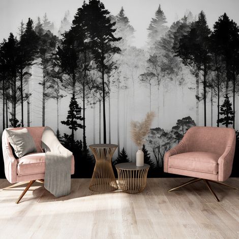 Papier Peint Noir et Blanc - Forêt en Brume - 150 x 250 cm (1/2)