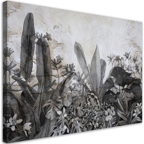 Quadro su tela, Foglie in bianco e nero sullo sfondo del cemento - 60x40 (1/5)