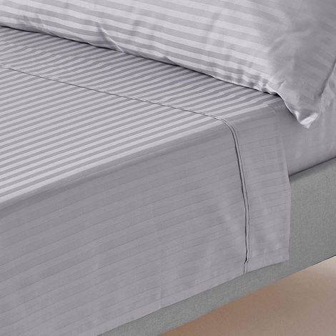 HOMESCAPES Drap plat rayé satin de coton égyptien 330 fils coloris Gris 180 x 290 cm (1/5)