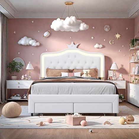 Cama Adulta 140x200 cm - TANANT - Cama Doble 2 Personas - 2 Cajones - Cabecera LED Regulable - Blanco (1/5)