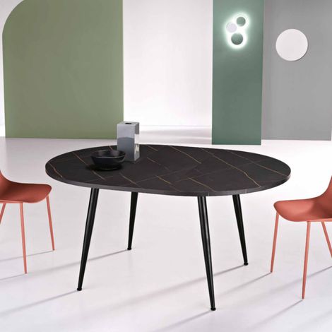 Tavolo rotondo con piano in MDF effetto marmo Nero allungabile a 160 cm HABLA (1/5)
