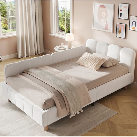 Lit enfant 90x200 cm bouclé beige avec barrières antichute - sans matelas - CHICFURN (1/5)
