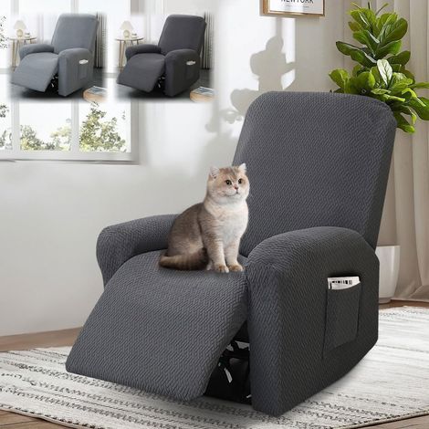 Housse pour Fauteuil Relax Electrique, 4 Pièces Housse de Fauteuil Extensible, Housse de Fauteuil 1 Place, Protege Fauteuil avec Protège-Accoudoirs et Poche (Gris Foncé) (1/5)