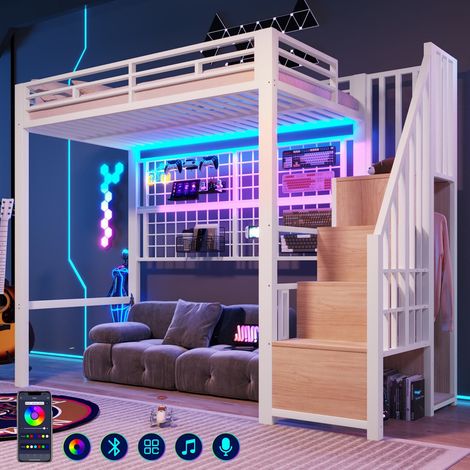 Cama alta 90x200 con estructura de hierro, cama litera infantil con armario, escalera con almacenaje, rejilla colgante, LED y espacio abierto bajo la cama – sin colchón (1/5)