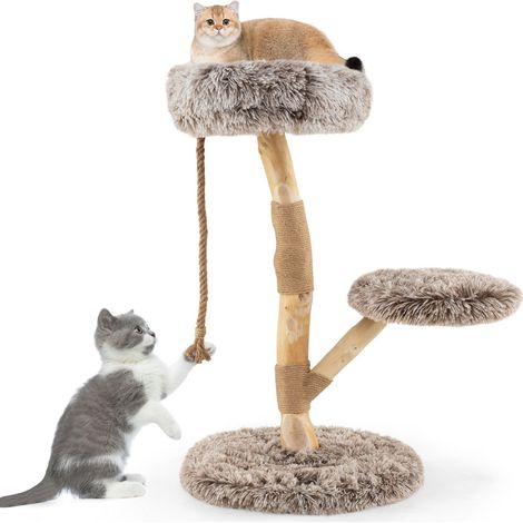 Arbre à chat en bois de poirier 50 x 90 cm avec perchoir confortable et poteaux à gratter jute naturel en gris