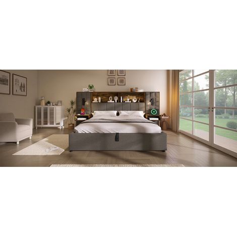 Stauraumbett 180x200 cm aus grauem Leinen mit LED, USB und Ablagen – MEUBLIV (1/5)