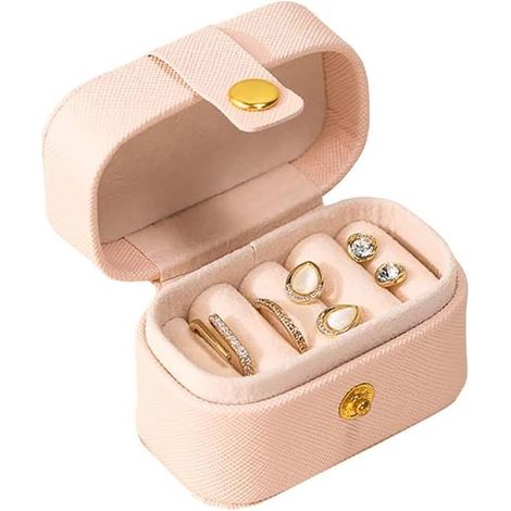 (Rose) (Petite boîte à bijoux de voyage en cuir PU, mini organiseur de bagues, boîte à bijoux portable) (1/5)