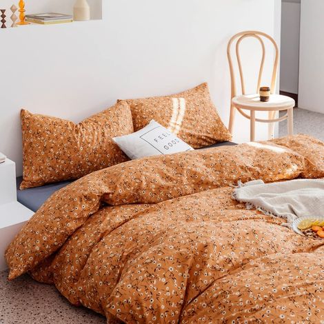 Parure de lit avec Housse de Couette et 2 taies d'oreiller pour lit Simple, Motif Citrouille, Caramel, Floral, Orange brûlé, Style bohème pour Fille et Femme, 1 Housse de Couette avec 2 taies (1/5)