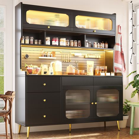 Buffet alto 145x39x171 cm con LED RGB e controllo tramite app, porta a ribalta, vetro striato, nero (1/5)