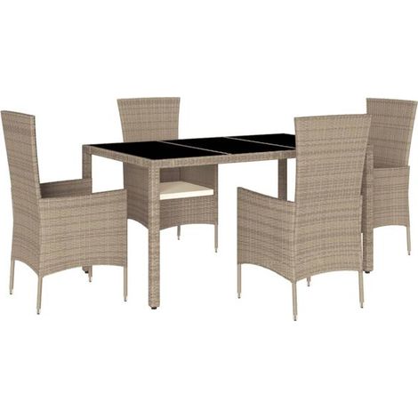 Ensemble de Table et Chaises de Jardin 5 Pièces, Salon de Jardin en Rotin Synthétique Beige avec Coussins (1/5)