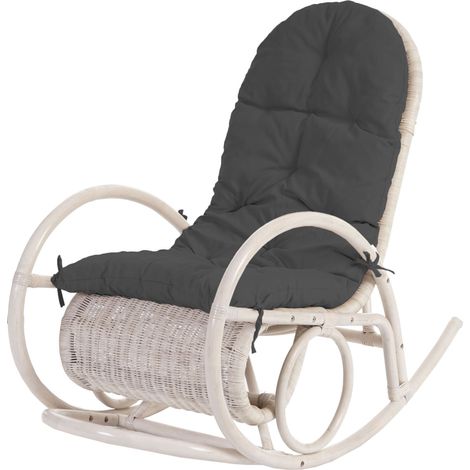 [NON UTILIZZATO] Sedia a dondolo elegante classica Esmeraldas legno rattan 115x58x101cm, cuscino grigio (1/5)