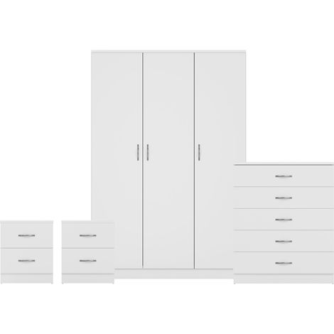 Riano 4 Piece Bedroom Set (2 Drawer Bedside Chest, 5 Drawer Chest, 3 Door Wardrobe), White (1/3)