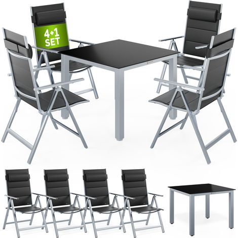 CASARIA® Gartenmöbel Set 4 Stühle Klappbar mit Gartentisch Alu inkl. Kopfkissen 8-fach verstellbare Rückenlehne 90x90cm Wetterfest Outdoor Terrasse Balkon Sitzgruppe  Silber