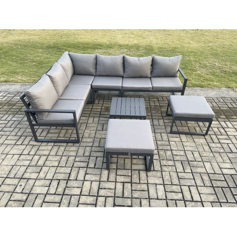 Fimous 8 Seater Outdoor Lounge Corner Sofa Set Aluminum Garden Furniture Sets with Square Coffee Table 2 Big Footstool Dark Grey (1/5)