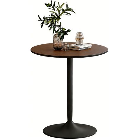 Table à manger ronde 70 cm pour 2 personnes avec plateau en placage de bois massif et piétement en acier marron (1/4)
