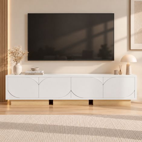 Mueble de TV 175x40x42 cm, para Televisor de hasta 80 Pulgadas, 4 Puertas Texturizadas, Estilo Escandinavo, con Puerto USB Tipo-C Integrado, Blanco (1/5)