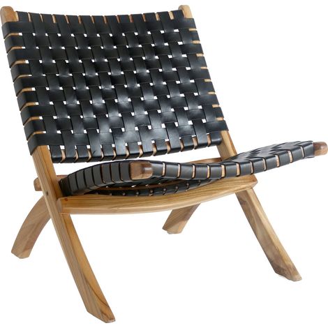 Poltrona pieghevole Perugia in pelle nera intrecciata con gambe in teak naturale