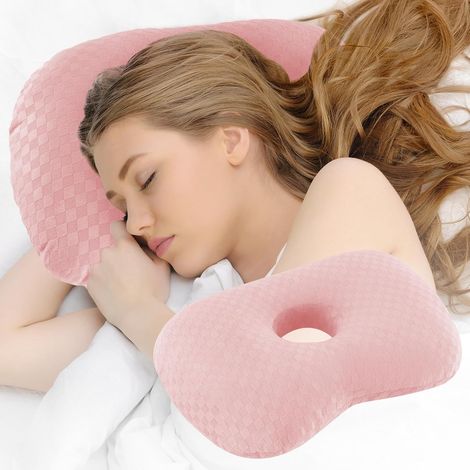 Oreiller pour dormir sur le côté — Avec découpe pour l'oreille convient aux personnes dormant sur le côté, en cas d'otites et d'escarres — Oreiller ergonomique et ajustable pour dormir sur le côté, e (1/5)