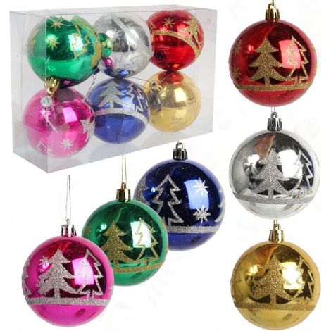 Lot de 6 boules de Noël en plastique décorées, 8 cm, colorées (1/5)