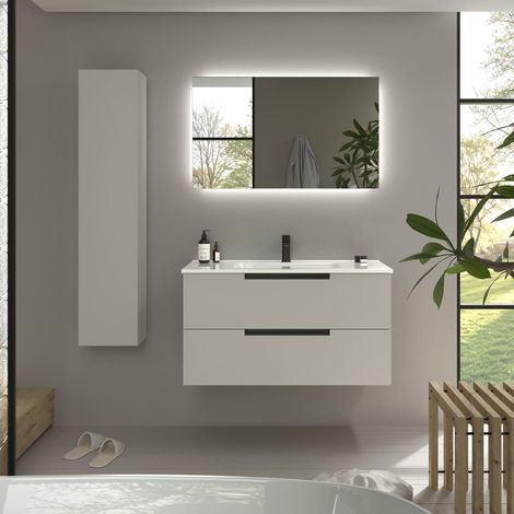 Mueble de Baño LENI 100cm Gris mate 2 cajones Lavabo 1 poza Porcelana (1/5)