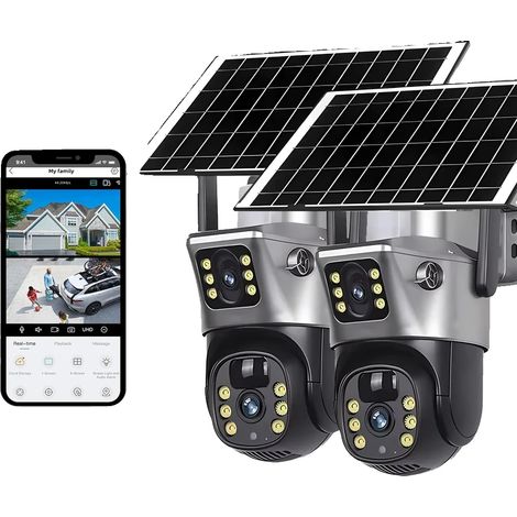 Caméra de surveillance sans fil, 4K à double objectif, audio bidirectionnel, 2Pcs Solaire Pas de Carte (1/2)