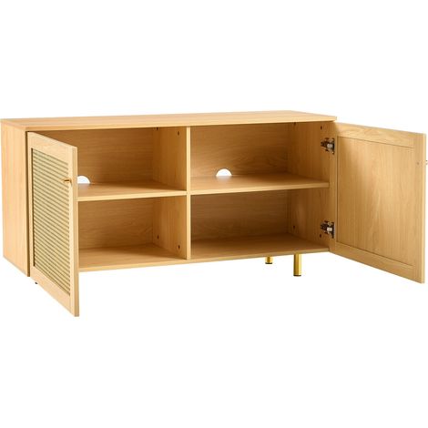 Buffet bas, Meuble de rangement pour salon et salle à manger, En rotin tressé et bois style bohème chic L120xP40xH63 cm avec 2 portes et pieds dorés, Naturel