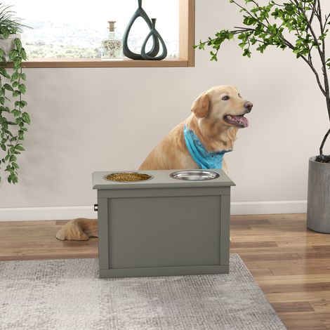Gamelle surélevée pour grands chiens avec 2 gamelles de 2000 ml et rangement dissimulé, 60 x 30 x 41 cm, grise