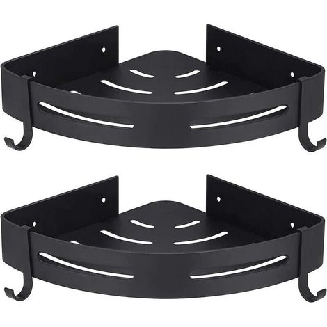 Eck-Duschregal, schwarz, ohne Bohren, Badezimmer-Aufbewahrung, Dusche, Badezimmerzubehör, Badezimmer-Seifenhalter, Unterstützung der Dusche, kein Rost, rostfreies Aluminium, 2er-Set mit Haken