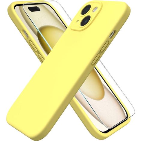 Coque silicone liquide iPhone 15 (6.1") jaune avec protection caméra et écran (1/5)