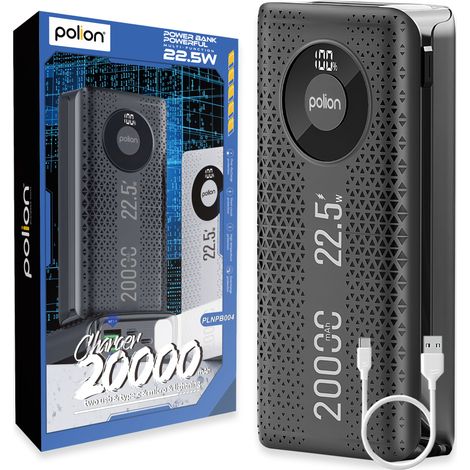 Batería externa de 20000 mAh, 22,5 W, USB-C, USB-A, Lightning, pantalla LCD, carga rápida PD QC.