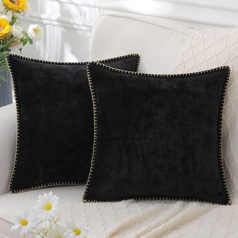 Housse de coussin en velours côtelé doux 45x45 cm, lot de 2, style ferme, housse carrée décorative à liseré cousu pour canapé, fauteuil, lit, noir (1/5)
