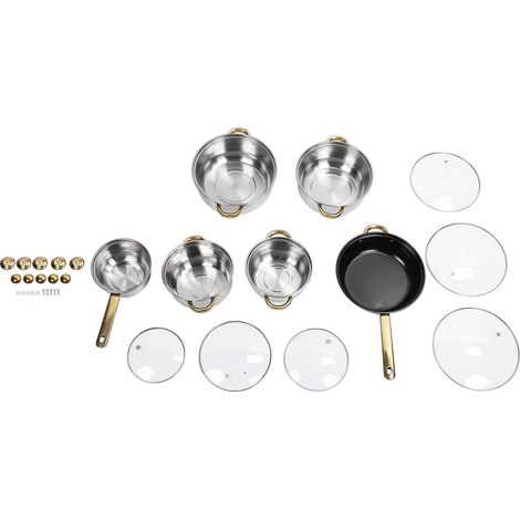 Batterie de cuisine en acier inoxydable, antirouille, antiadhésive, comprenant casseroles et poêles pour une utilisation domestique, en cuisine et en restauration. Poignée dorée. (1/5)