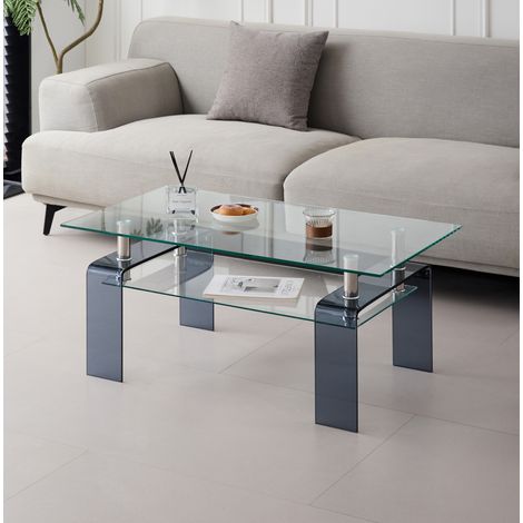 Tavolino da caffè in vetro temperato a 2 livelli 100 x 55 x 45 cm, gambe in vetro grigio DESVIAE (1/5)