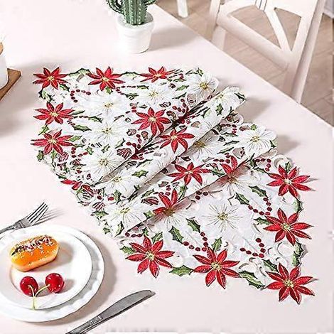 Chemin de table de Noël, nappe de Noël aspect lin et coton, poinsettias et feuilles de houx, nappe brodée de Noël, décoration de Noël (1/5)