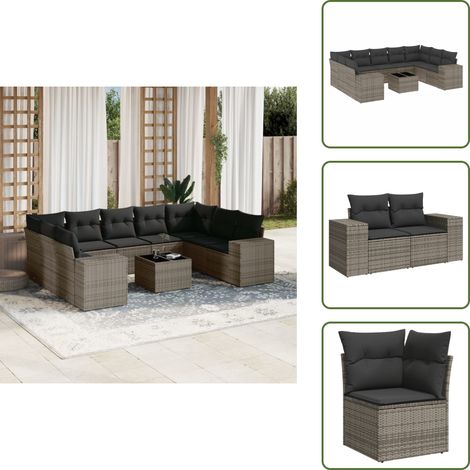 The Living Store 10-tlg. Garten-Sofagarnitur mit Kissen Grau Poly Rattan - Gartenmöbel - Esstischgarnitur - Rattan Möbel - Outdoor Set - Lounge Set (1/5)