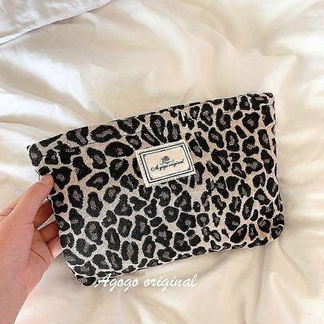 Trousse de maquillage à fleurs, trousse de maquillage pour femmes et filles, trousse de voyage grande capacité en toile, pochette de rangement zippée (marron léopard) (1/5)