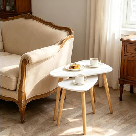 Mesa de centro nido de 2 piezas, diseño escandinavo, MDF y pino, blanco y natural DESVIAE (1/5)