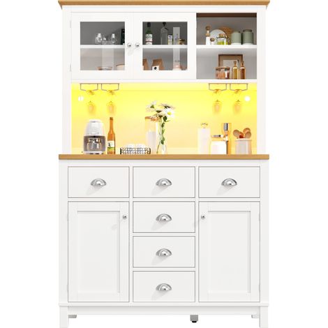 Buffet de cuisine,Armoire de rangement en MDF avec 4 portes & 6 Tiroirs,Bande LED Contrôle APP,104×40×180cm,Blanc
