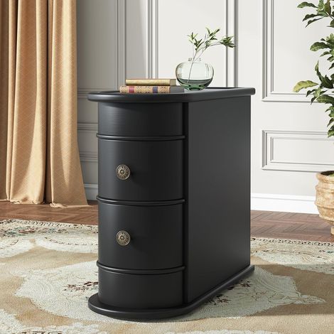 Tribesigns Wood End Table, 2-Drawer Narrow Side Table Slim Chair Solid Side Table, No Assembly Required, Finished Back, Black (1/4)