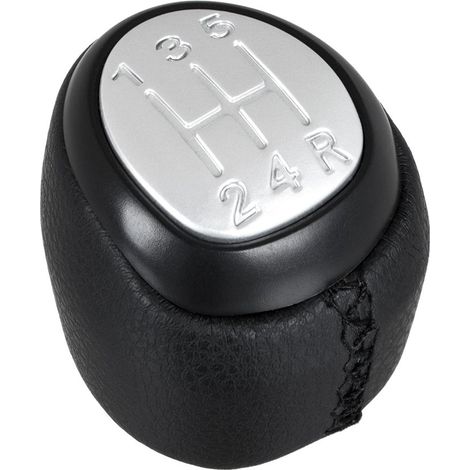 Pomo de palanca de cambios Saab 9-3 03-12, cuero sintético negro + hilo negro + plata, 5 velocidades. (1/5)