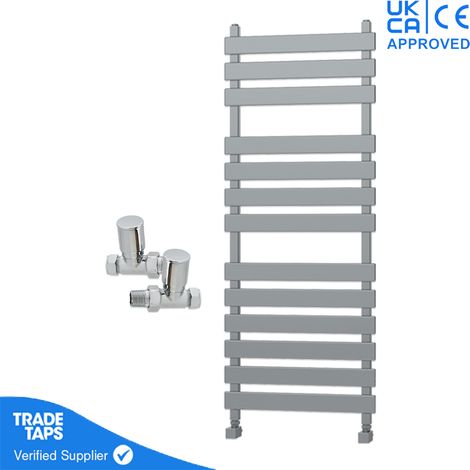 Designer Marvella Chrome Flat Panel Towel Radiator Heated Ladder Rail - 1300 x 500mm - Straight Manual Round Valve Pair (1/3)