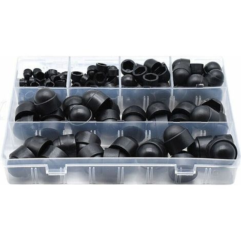 Kit assortimento di 145 copriviti in PE con dadi autobloccanti. Include dadi autobloccanti per viti e bulloni. Disponibile in 6 misure, con scatola di stoccaggio. Colore nero. (1/4)